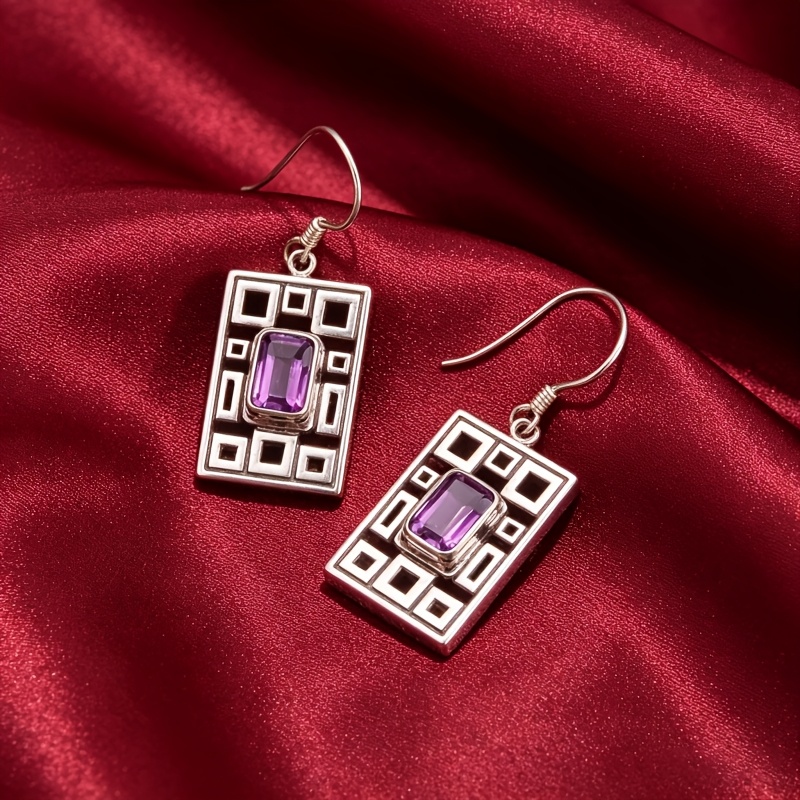 Women's Geometric Purple Cubic Zirconia Pendant Earrings with Retro Box Design